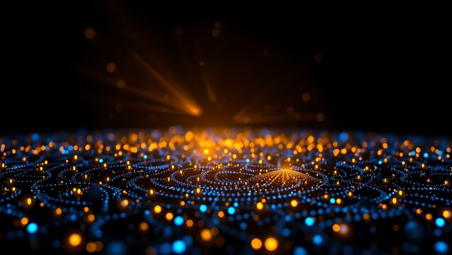 Abstract Surface Plasmon Resonance Energy Wave Background with Glowing Metallic Nanoparticles and Neon Light Ripples