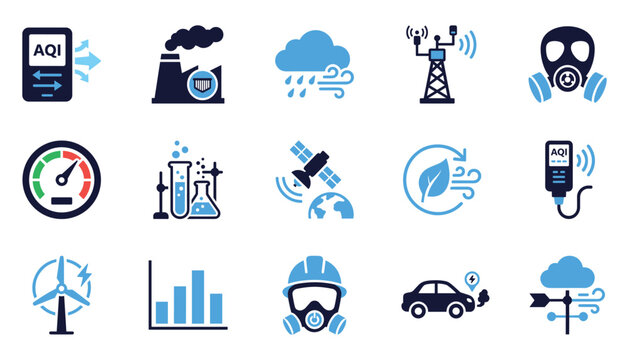 Set of industrial air quality monitoring tools sensors and pollution indicators in flat vector format.