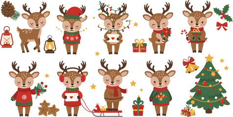 Fototapeta premium Set of cute watercolor christmas reindeer characters wearing festive winter clothes with holiday decorations and a decorated pine tree illustration