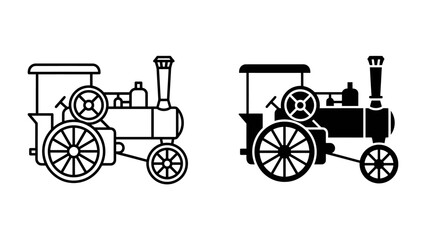 Steam Locomotive Icon: A classic steam locomotive represented in both a line art and a silhouette style, symbolizing industrial heritage and vintage transportation. © Mamun