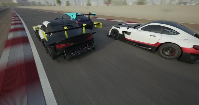 Three racing cars race toward the finish line, battling for first place. The camera pans toward them.