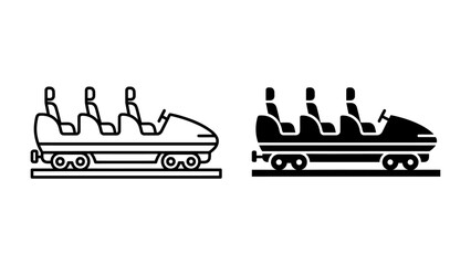 Roller Coaster Icon: A clean, stylized icon representing a roller coaster car, available in both outline and solid black versions, perfect for amusement park themes or graphic design elements. © abu
