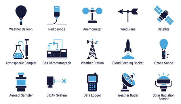 Weather monitoring equipment vector illustration including radiosonde, anemometer, wind vane, satellite.
