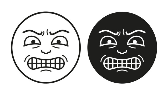 Angry Faces Iconography: Two circular icons depict an angry face with furrowed brow and clenched teeth, one in outline and the other in silhouette, representing strong negative emotion.