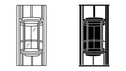Modern Glass Elevator Design: Two minimalist illustrations showcase contemporary glass elevator cabins within metallic frames, one in stark white and the other in silhouette. © Md