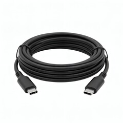 Fototapeta premium High-speed black USB-C to USB-C cable coiled on white background for tech devices