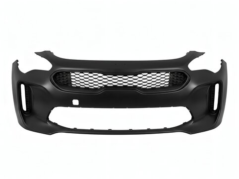 Black plastic car front bumper with mesh grille, automotive part, sleek design, modern vehicle