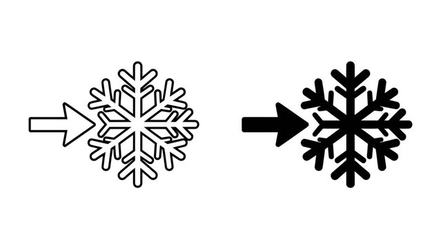 Snowflake Icon with Arrow: A clear graphic representation of a snowflake with an arrow pointing towards it, presented in both outlined and solid black versions. This icon symbolizes cold, winter.