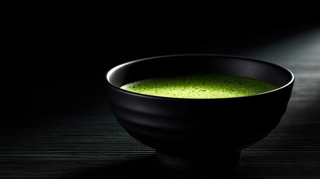A vibrant bowl of foamy matcha green tea sits on a dark wooden surface. This image represents mindfulness, wellness, and Japanese tea ceremony traditions.