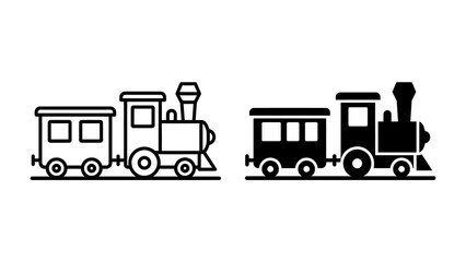 Vintage Train Icon: A classic steam locomotive paired with a passenger car, presented in both outline and solid black silhouettes. © sohag