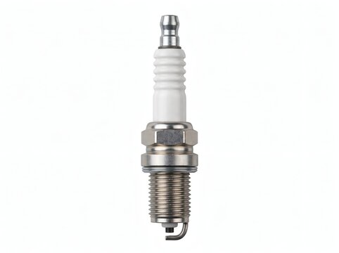 Close-up of a new automotive spark plug with clean electrodes and metallic threads isolated on white