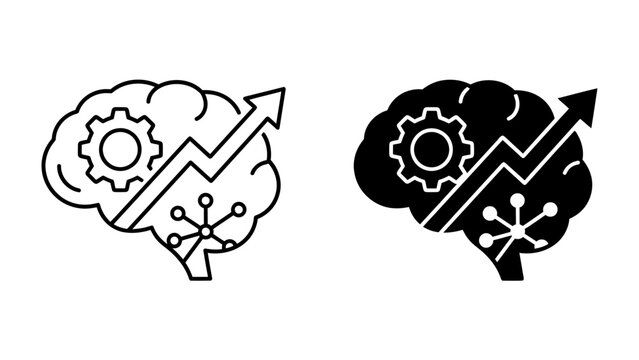 AI Brain Growth Concept: A conceptual illustration of a human brain enhanced with gears, a growing chart, and network nodes, symbolizing artificial intelligence development and cognitive advancement.
