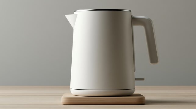 A minimalist white electric kettle sits on a wooden coaster against a neutral background. This appliance represents modern kitchen design and convenient home lifestyle concepts.