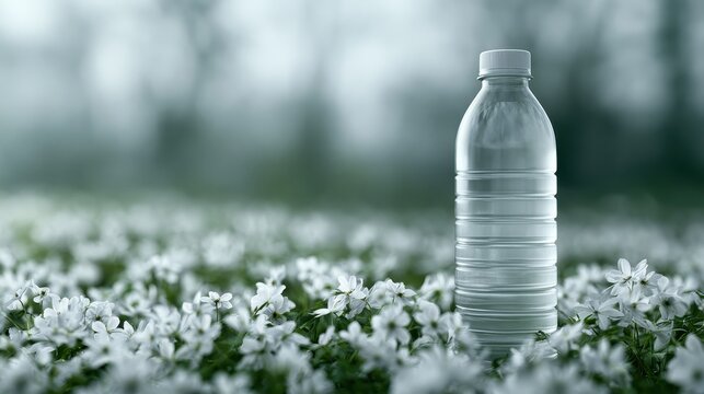 A plastic water bottle stands in a field of white flowers under soft light. Ideal for healthy lifestyle and eco-friendly hydration marketing.
