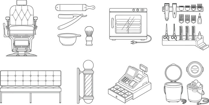 Barbershop equipment and grooming tools line art icon set featuring chair pole and clippers