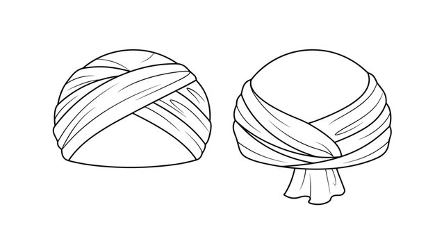 Fashionable turban wrap technical fashion illustration. headwear template vector illustration. front and back view. white colour. CAD mock-up.