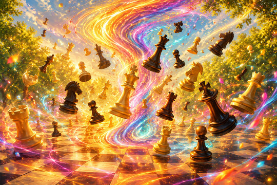 Dynamic Flying Chess Pieces in a Colorful Energy Vortex for International Chess Day Abstract Chess Board with levitating Pieces and Magical Light Effects