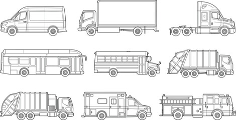 Commercial and municipal vehicles line art icon set featuring trucks bus ambulance and fire engine © IconicCreations