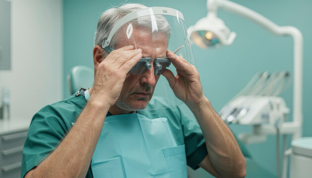  Medium shot of a stressed senior male dentist adjusting protective eyewear and face shield in a dental clinic