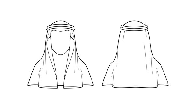 Traditional kufiya ghutra technical fashion illustration. headwear template vector illustration. front and back view. white colour. CAD mock-up.