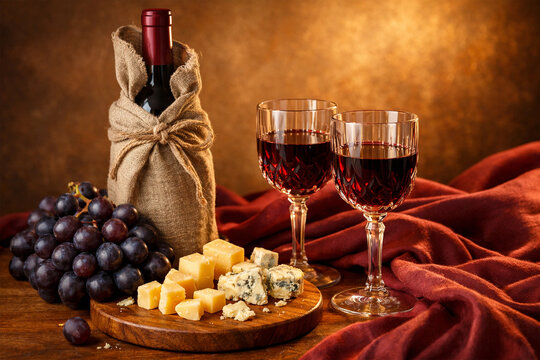 Red Wine Bottle in Burlap Bag Next to Crystal Wine Glasses Rustic Wine and Cheese Platter with Warm Romantic Lighting
