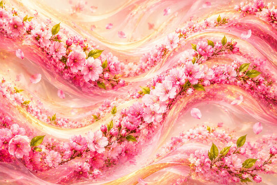 Abstract Pink Cherry Blossom Background with Golden Light Swirls Romantic Spring Floral Pattern with Flowing Silk Waves