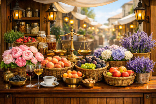 Charming Outdoor Market Stall with Fresh Fruits and Flowers Rustic European Marketplace Displaying Local Harvest and Blossoms