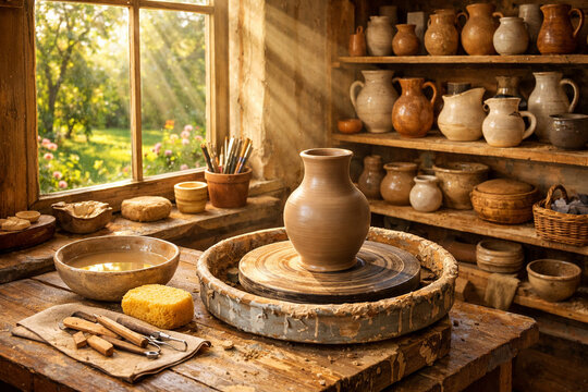 Traditional Pottery Studio with Clay Vase on a Potters Wheel Cozy Artists Workshop with Ceramics and Sunlight through the Window