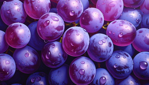 Macro close-up of wet purple grapes with water droplets deep focus
