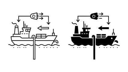 Obraz premium Electric Ship Charging: A graphic illustration depicts a cargo ship being powered up with an electrical plug connecting to the ship. The image shows a clean energy concept for maritime transport.