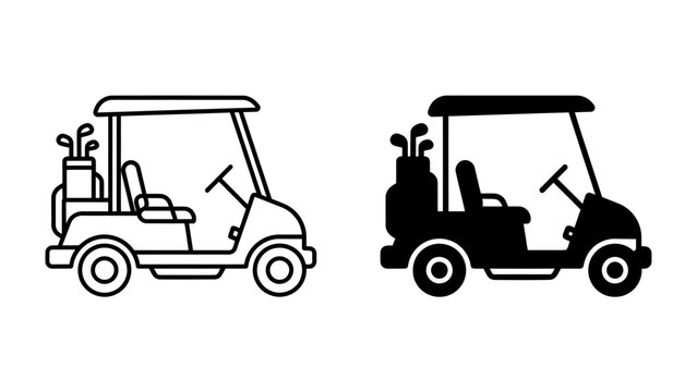 Golf Cart Icon Set: A clear and concise visual representation of a golf cart, showcasing its design with included golf clubs and bag, available in both outline and silhouette form.