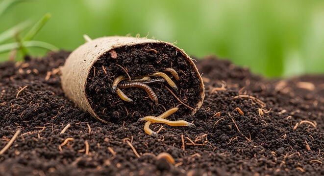 A cut biodegradable pot with worms and roots on soil