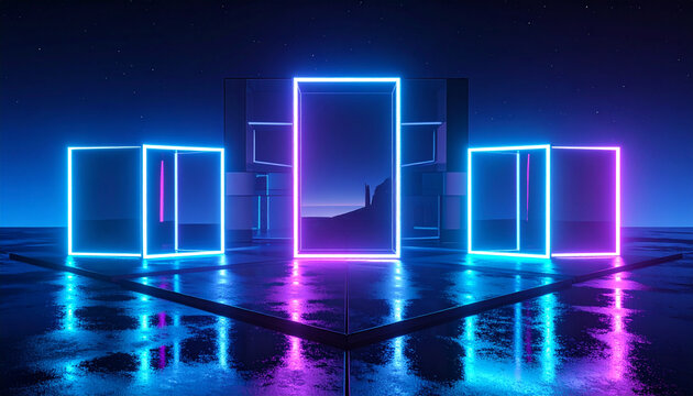 Neon glowing portal frames on wet reflective surface under starry sky