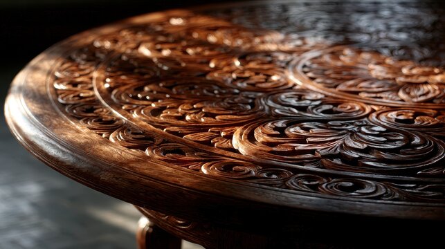 A close-up of a luxurious mahogany wooden table with intricate hand-carved floral patterns in natural sunlight. Perfect for luxury interior design and craftsmanship concepts.