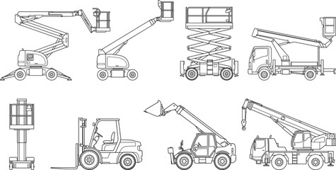 Industrial aerial work platforms and lifting equipment line art icon set featuring boom lifts and forklift © IconicCreations