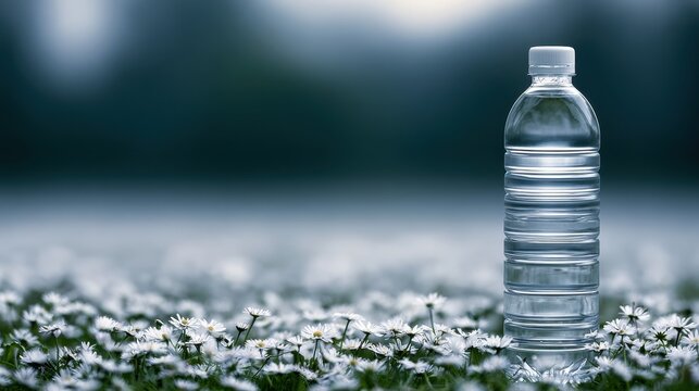 A clear plastic bottle of water sits amidst a field of white daisies under soft natural light. This image represents purity, hydration, and environmental wellness.