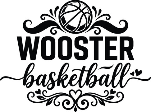 Black wooster basketball logo with ball and hearts