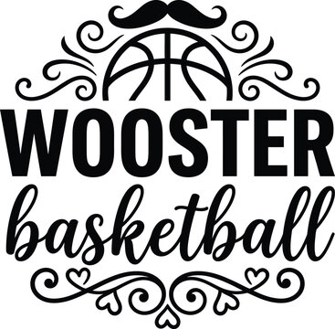 Black wooster basketball logo with mustache and curly design