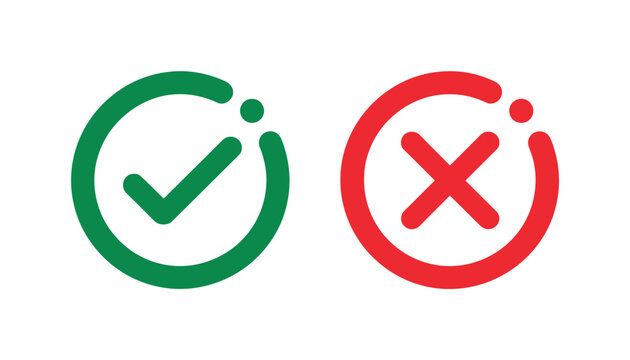 Checkmark and Cross Icon. A clean graphic representation of a green checkmark and a red cross within circles, symbolizing affirmation and negation.