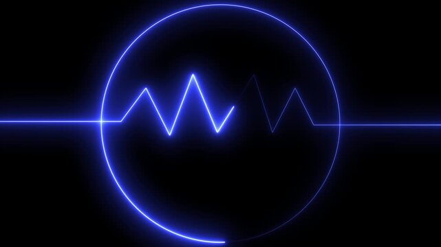 Blue neon heartbeat line in a circle. Glowing pulse wave animation on black background.