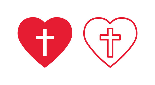 Christian Heart Symbol. A stylized heart icon filled with a white Christian cross and another heart icon outlined with a white Christian cross inside. Represents faith, love, and spirituality.