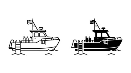 Motorboat Silhouette: A modern motorboat, depicted in both a clean line art and a striking silhouette, floats on gentle waves, ready for adventure on the water. © Tahura