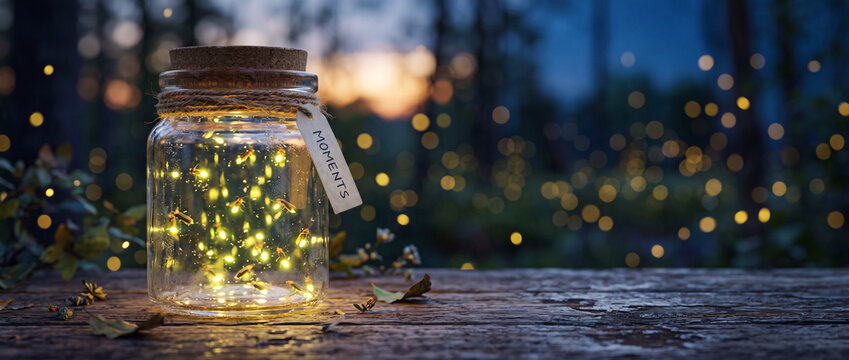 Glass jar filled with fireflies and fairy lights tagged "moments" on rustic wood at twilight