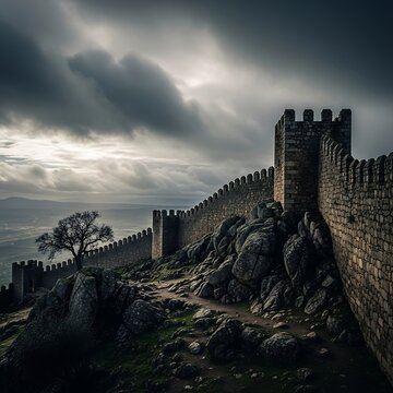 A medieval stone wall with battlements on a rocky hill, a solitary tree, and a dramatic cloudy sky