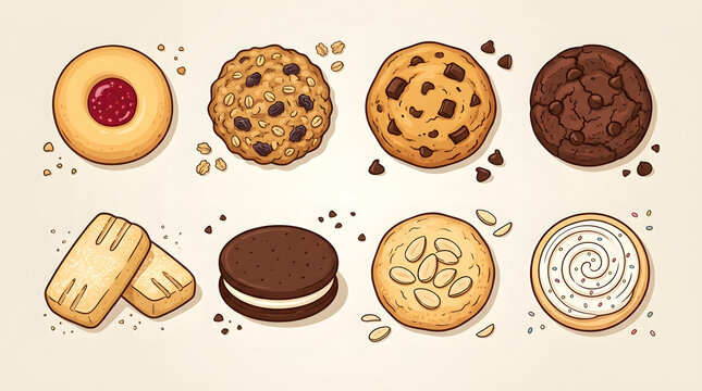Variety of baked cookies cartoon style icon set for bakery design