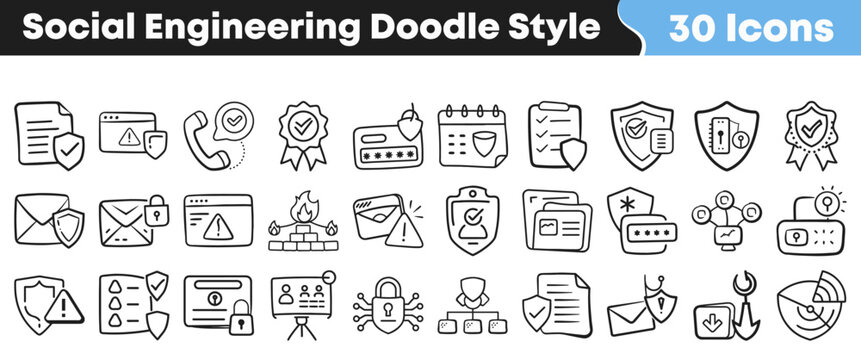 Collection of social engineering security doodle icons for digital protection