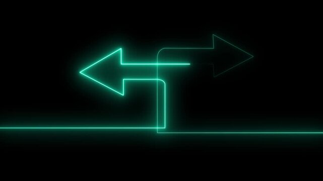 Neon glowing arrows showing direction. Abstract digital path indicating choice and decision.