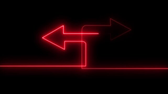 Red neon arrows pointing in opposite directions. Concept of decision making and choice.