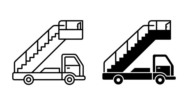 Airport Stairs Truck Icon: A graphic representation of an airport stairs truck, shown in both outline and solid black, symbolizing boarding and disembarking at an airport.