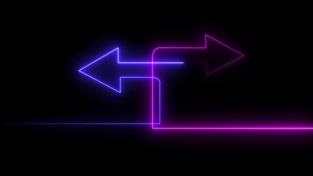 Neon glowing arrows pointing in opposite directions. Split path sign with purple light.